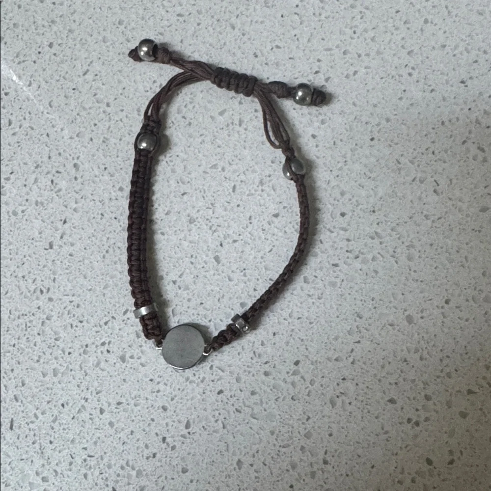 Blue pavé stone charm adjustable brown braided woven leather bracelet OS